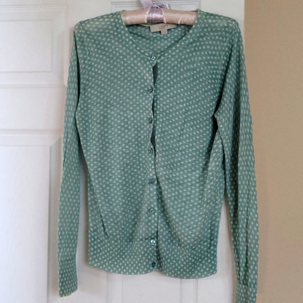 Loft Women's Medium Light Weight Cardigan Sweater Teal White Print NWOT